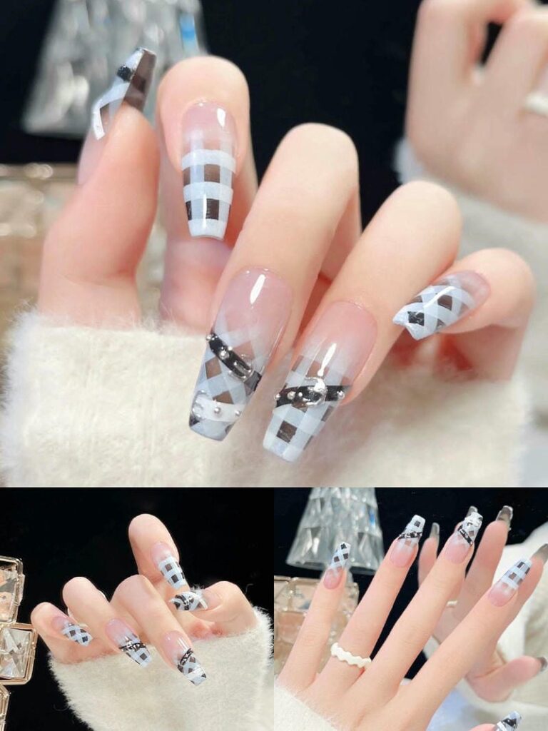 Mẫu nail kẻ caro form dài