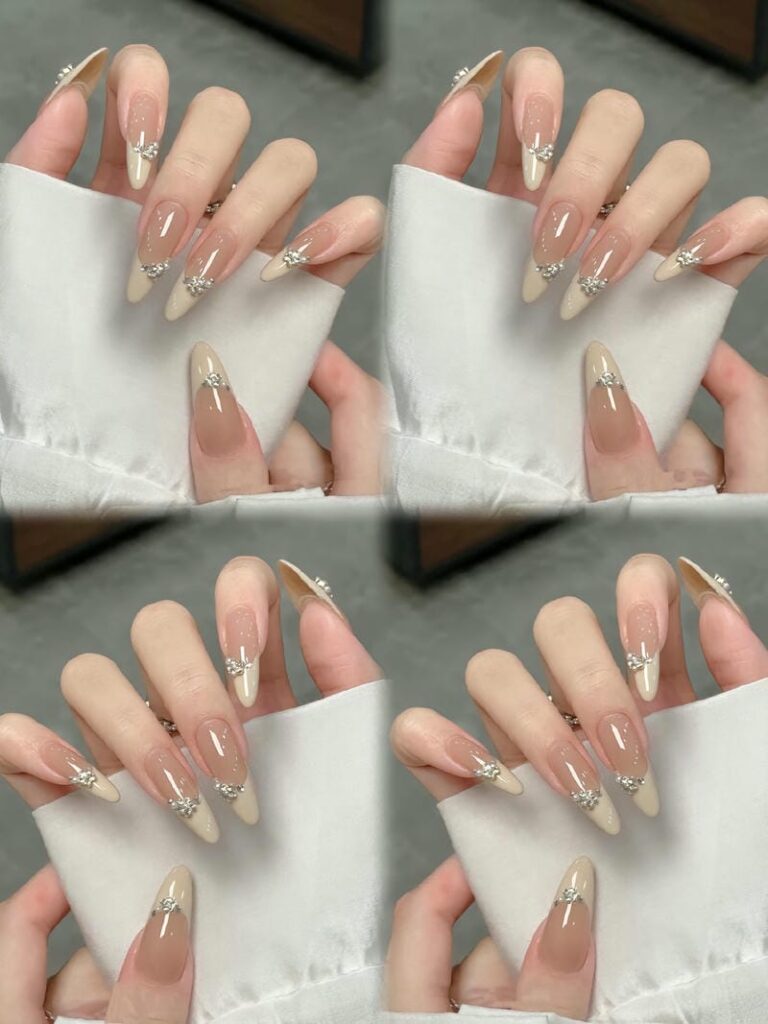Mẫu nail sơn đầu móng kết hợp đính đá đơn giản