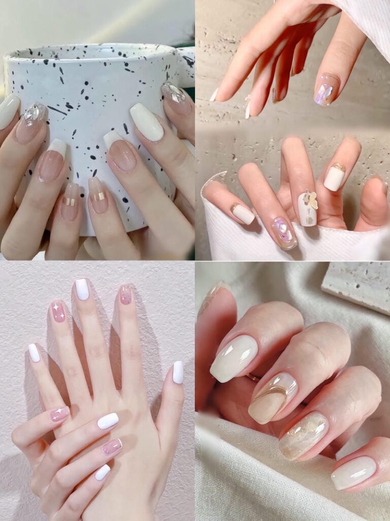 Mẫu nail trắng kết hợp vẽ viền nổi