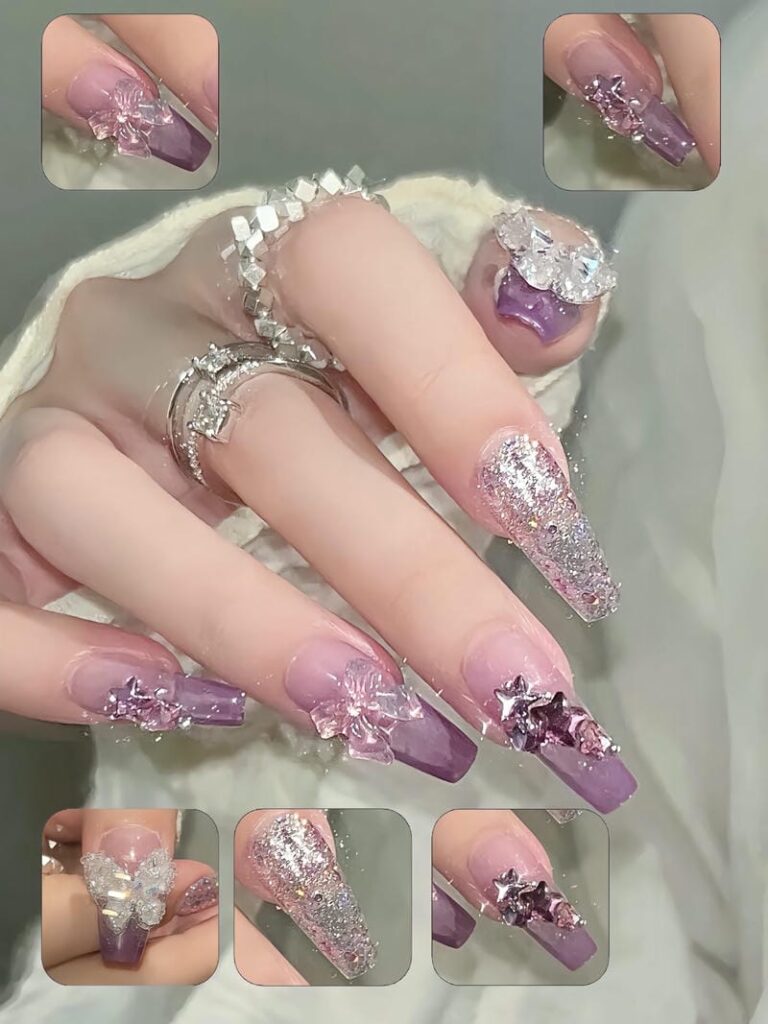 Nail tím gắn nơ xinh xắn