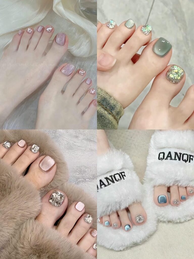 Những mẫu nail chân mắt mèo kết hợp nhũ và đá khối sang chảnh