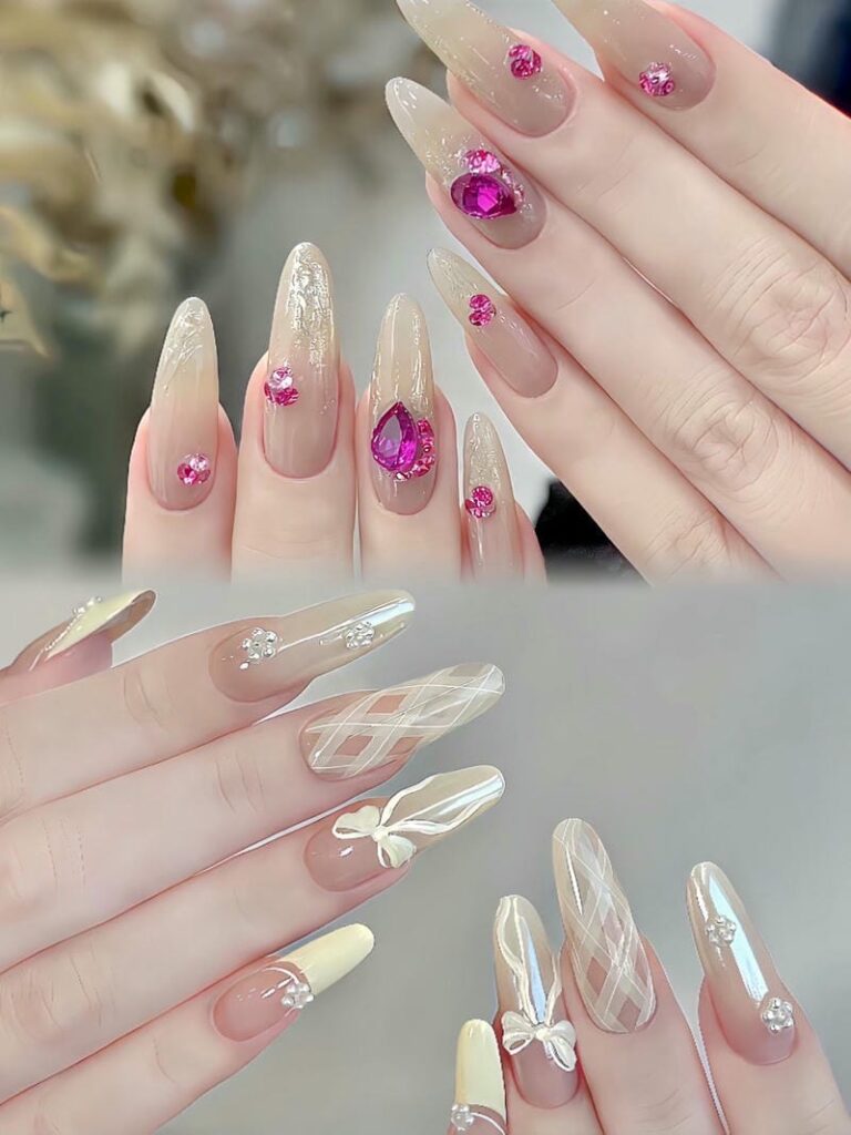 Những mẫu nail form tròn nhọn gắn đá nhẹ nhàng