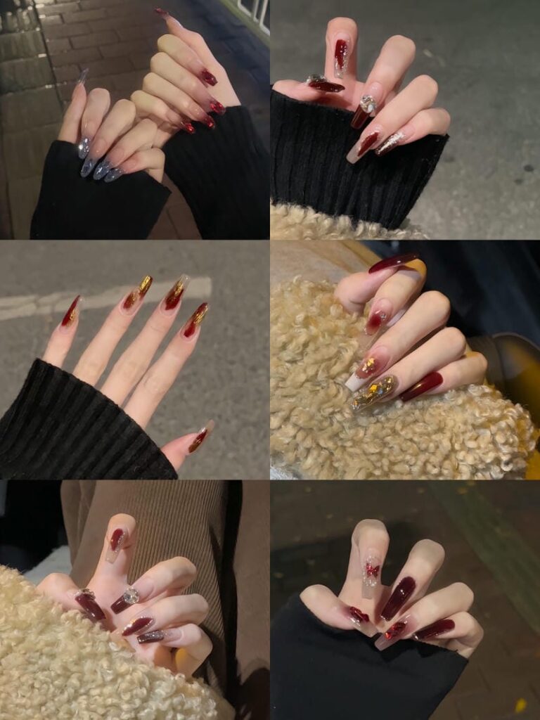 Những mẫu nail mòn dài màu đỏ tráng trí nhẹ nhàng
