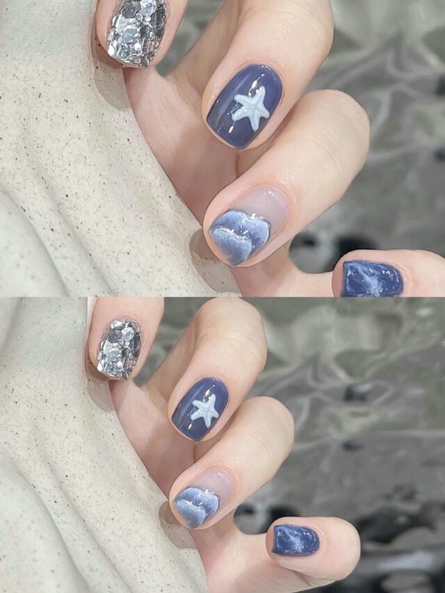 Mẫu nail đi biển ẩn nhũ sáng tay