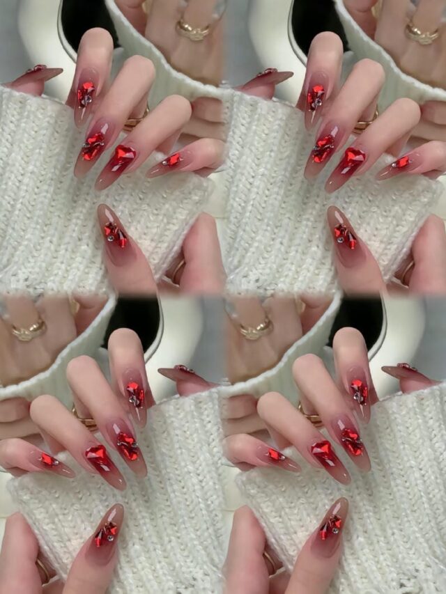 Mẫu nail form tròn nhọn đính đá đỏ siêu nổi bật