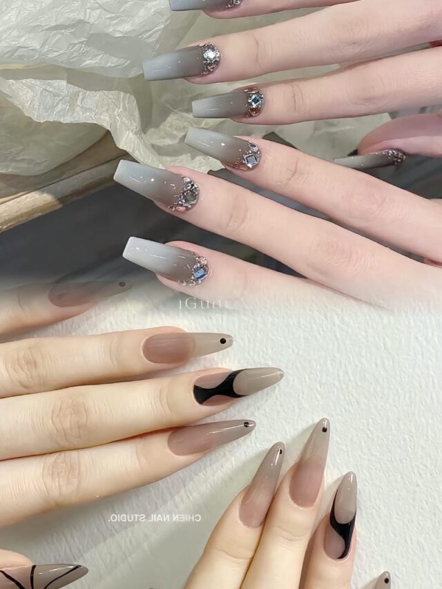 Mẫu nail màu ghi xám đính đá đẹp