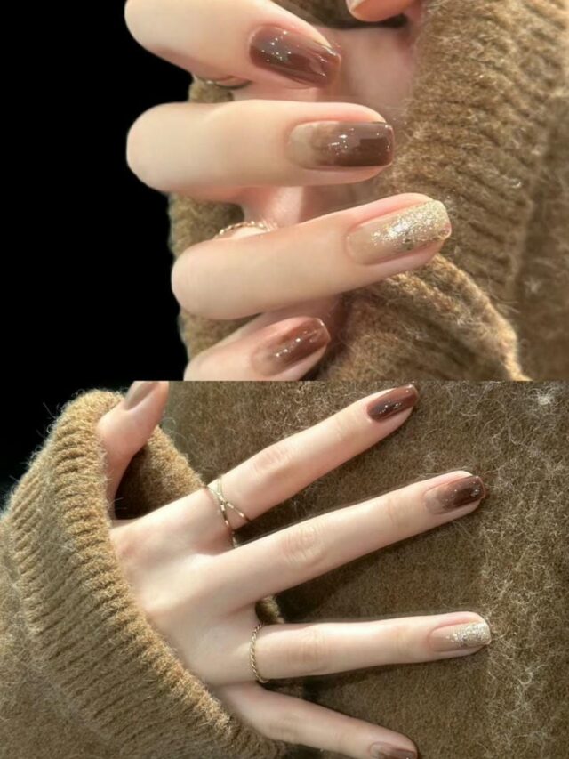 Mẫu nail màu nâu mix nhũ đơn giản