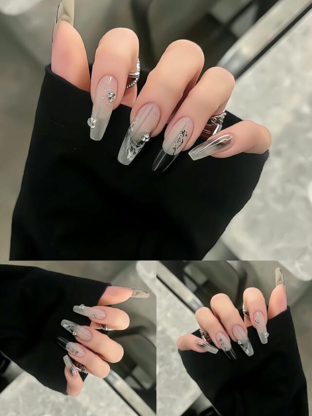 Nail cổ trang loang đen kết hợp đính đá đơn giản vừa nhẹ nhàng, vừa sang trọng