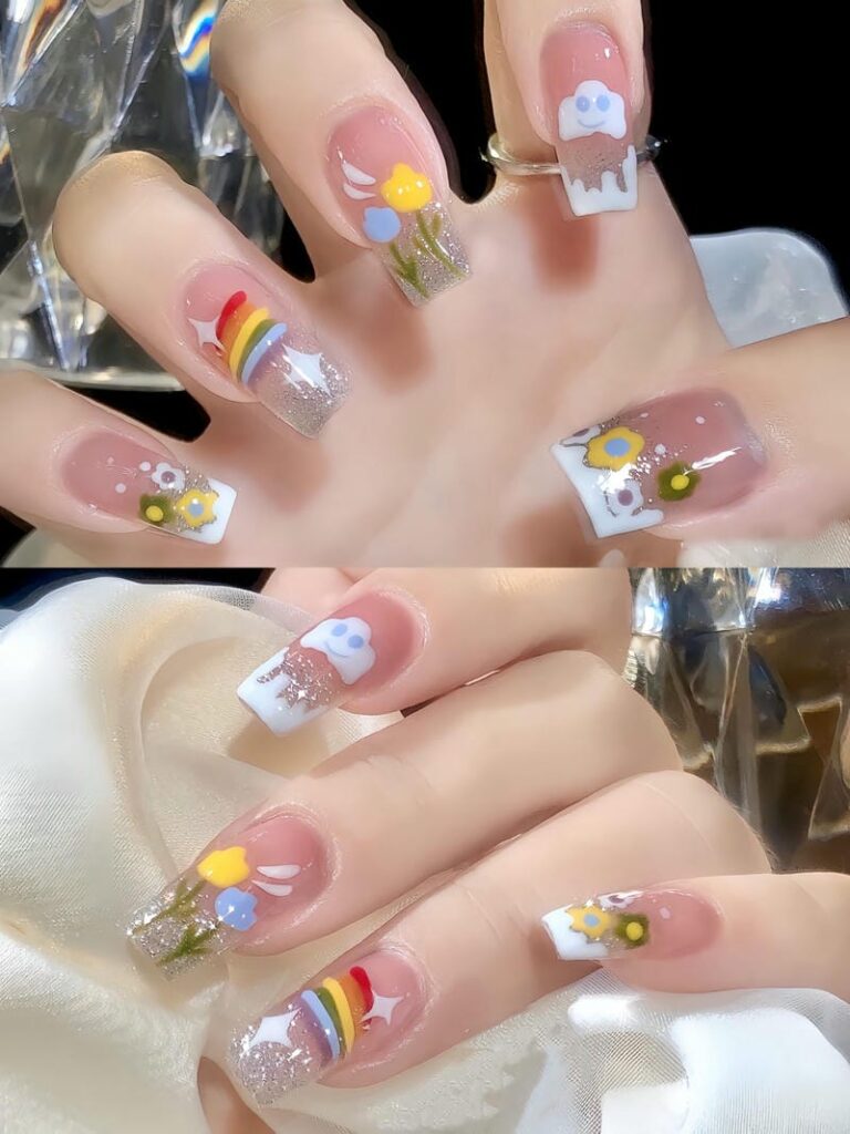 Mẫu nail màu thạch kết hợp nhũ bạc hình vẽ cầu vòng và hoa nổi bật