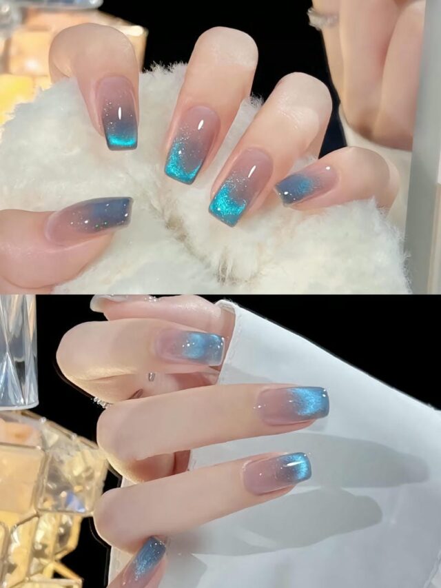 Mẫu nail mắt mèo french đầu móng màu xanh dương
