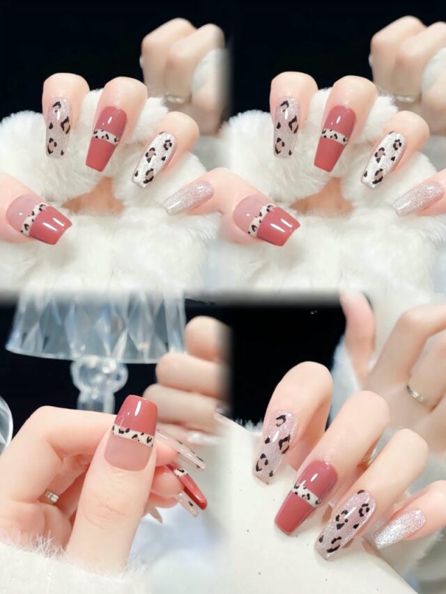 Mẫu nail màu hồng đất kết hợp mắt mèo kim cương cùng họa tiết da báo