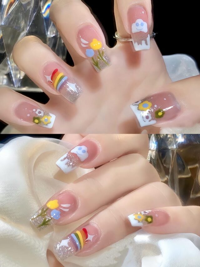 Mẫu nail màu thạch kết hợp nhũ bạc hình vẽ cầu vòng và hoa nổi bật