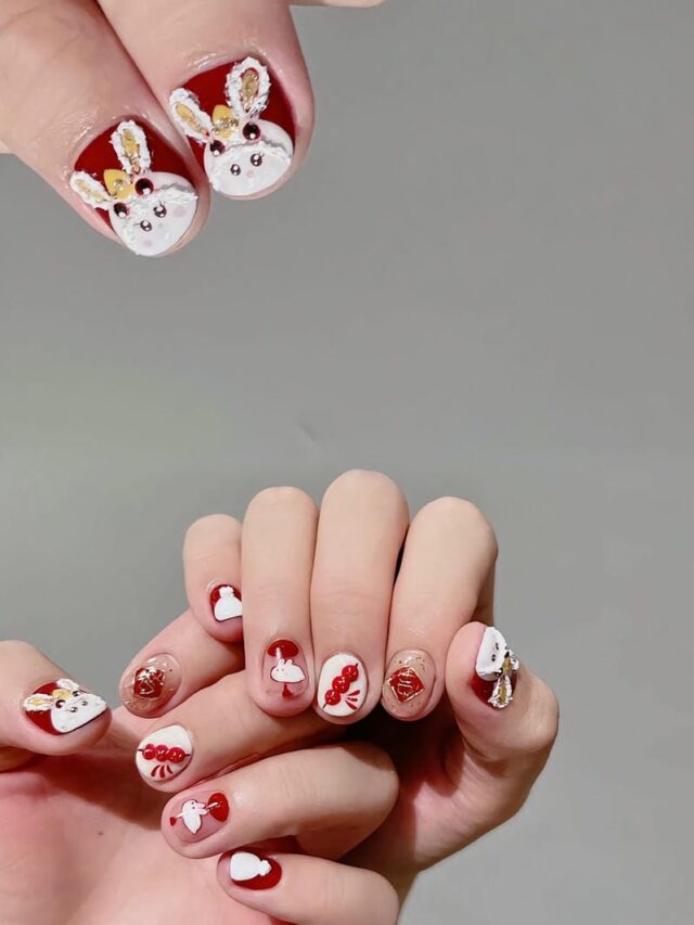 Mẫu nail trắng đỏ hình vẽ thỏ đáng yêu design cầu kỳ cho móng ngắn